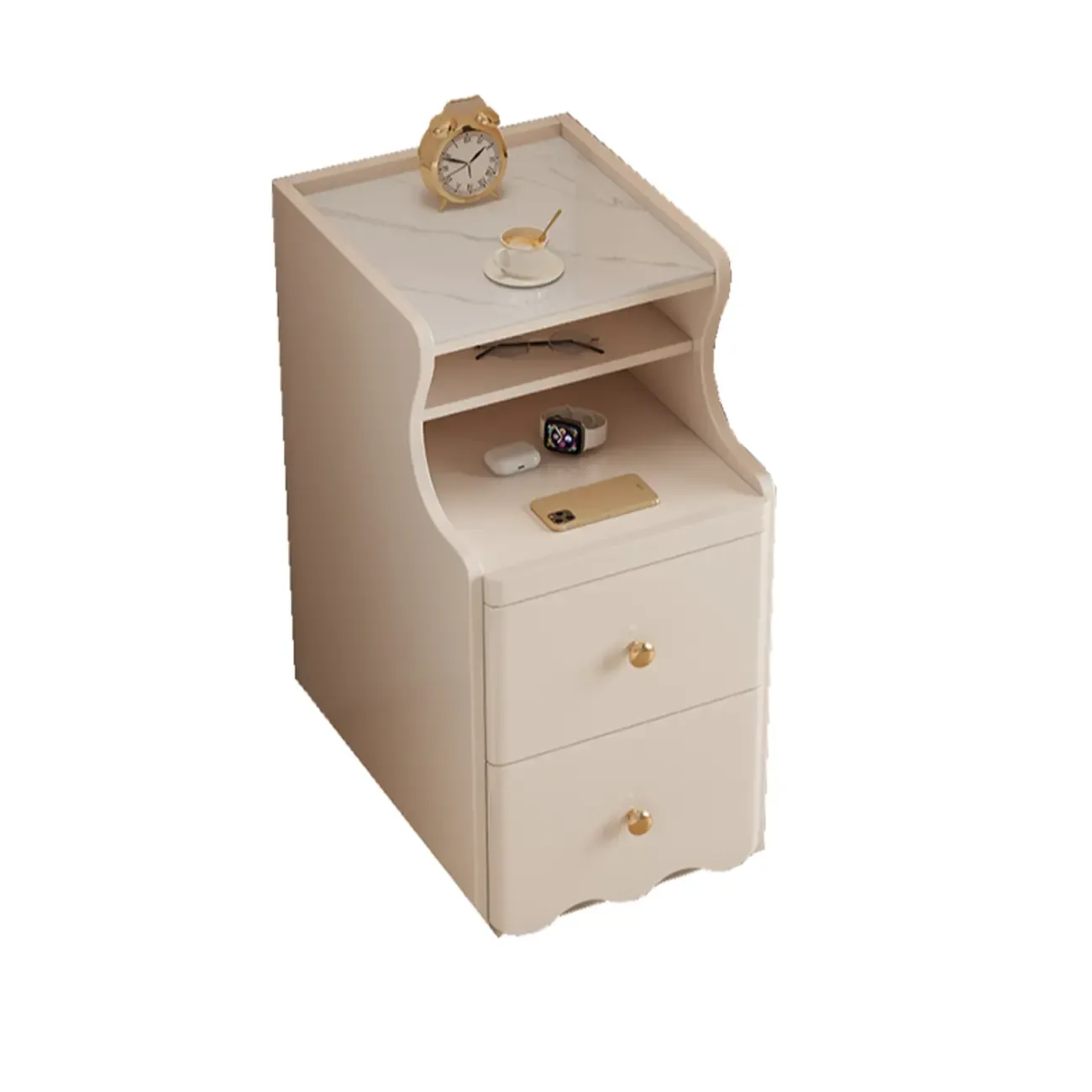 White Wood Faux Marble Open Storage Narrow Nightstand Image - 9