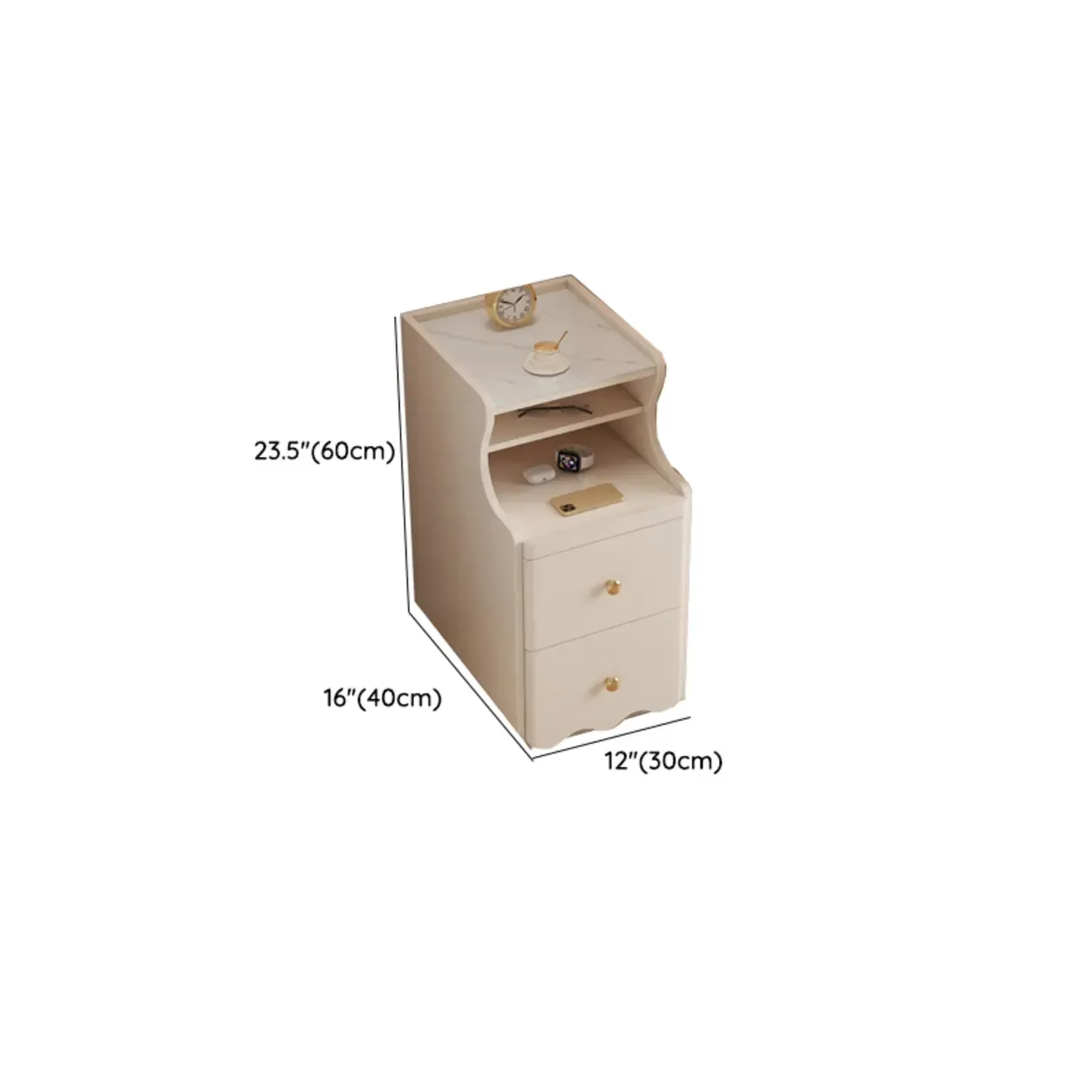 White Wood Faux Marble Open Storage Narrow Nightstand Image - 11