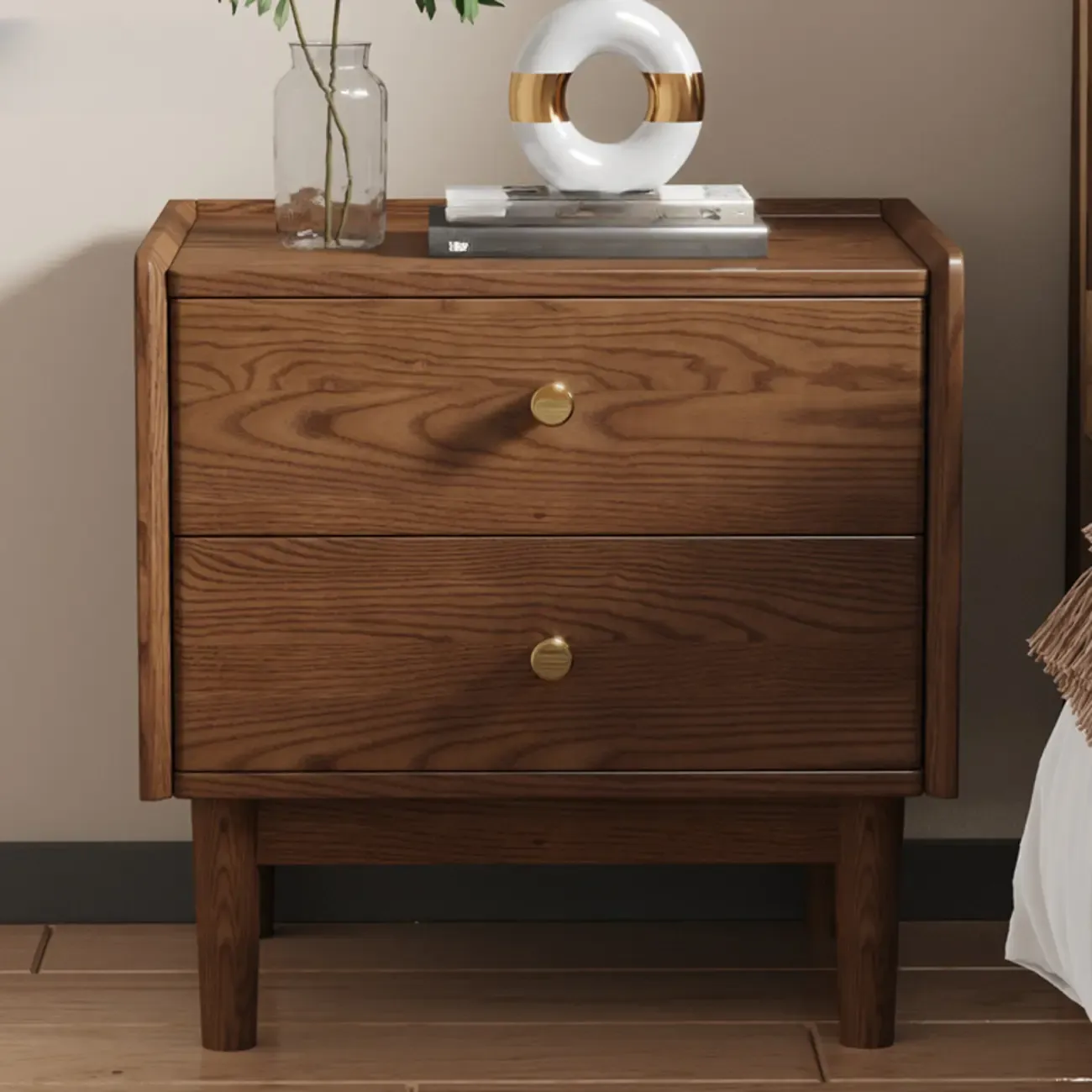 Scandinavian Brown Ash Wood 2-Drawer Nightstand Image - 1