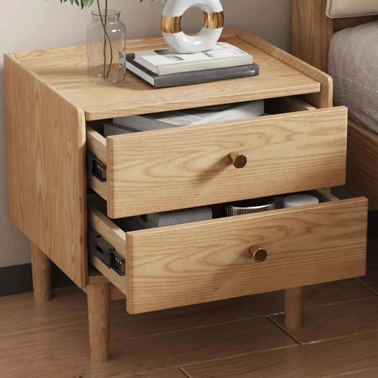 Scandinavian Brown Ash Wood 2-Drawer Nightstand Image - 4 | homeyfad