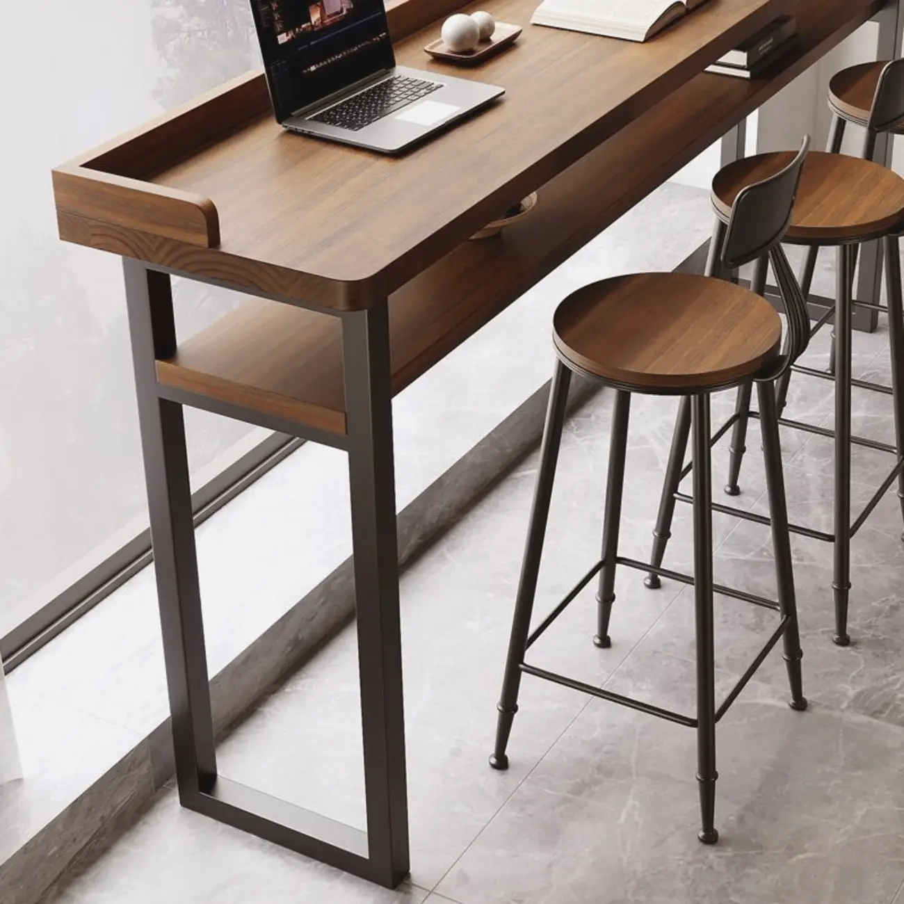 Modern Brown Tray Top Wooden Iron Shelf Bar Tables Image - 3 | homeyfad