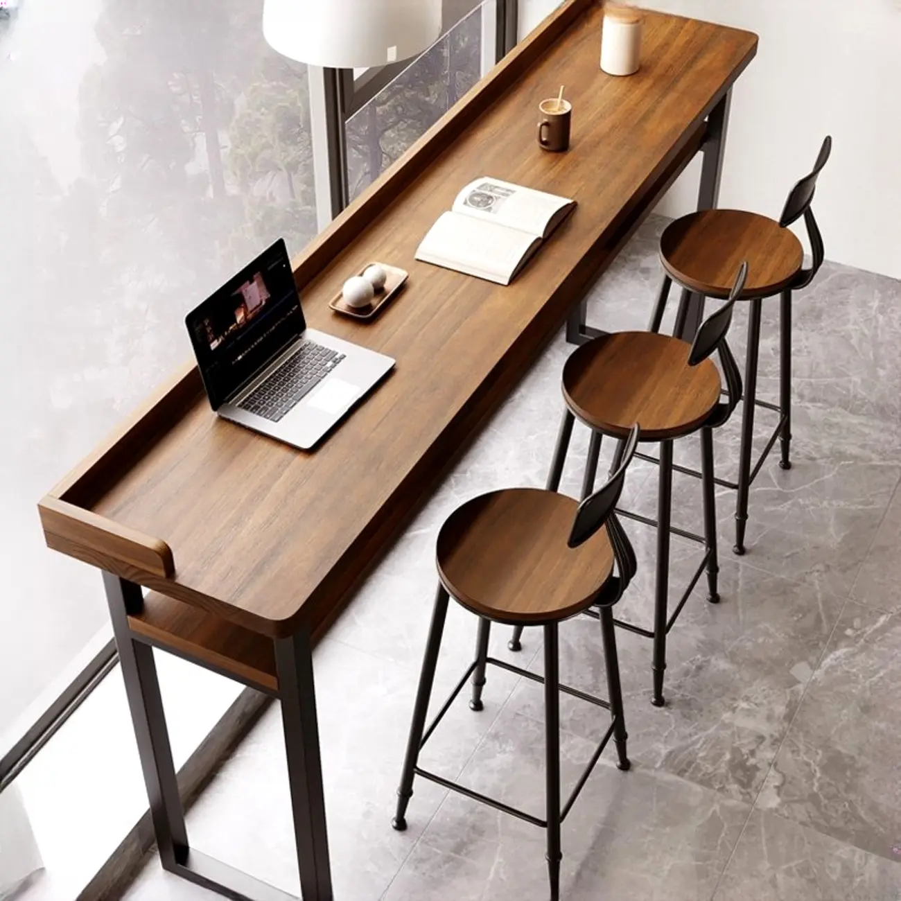 Modern Brown Tray Top Wooden Iron Shelf Bar Tables Image - 4 | homeyfad