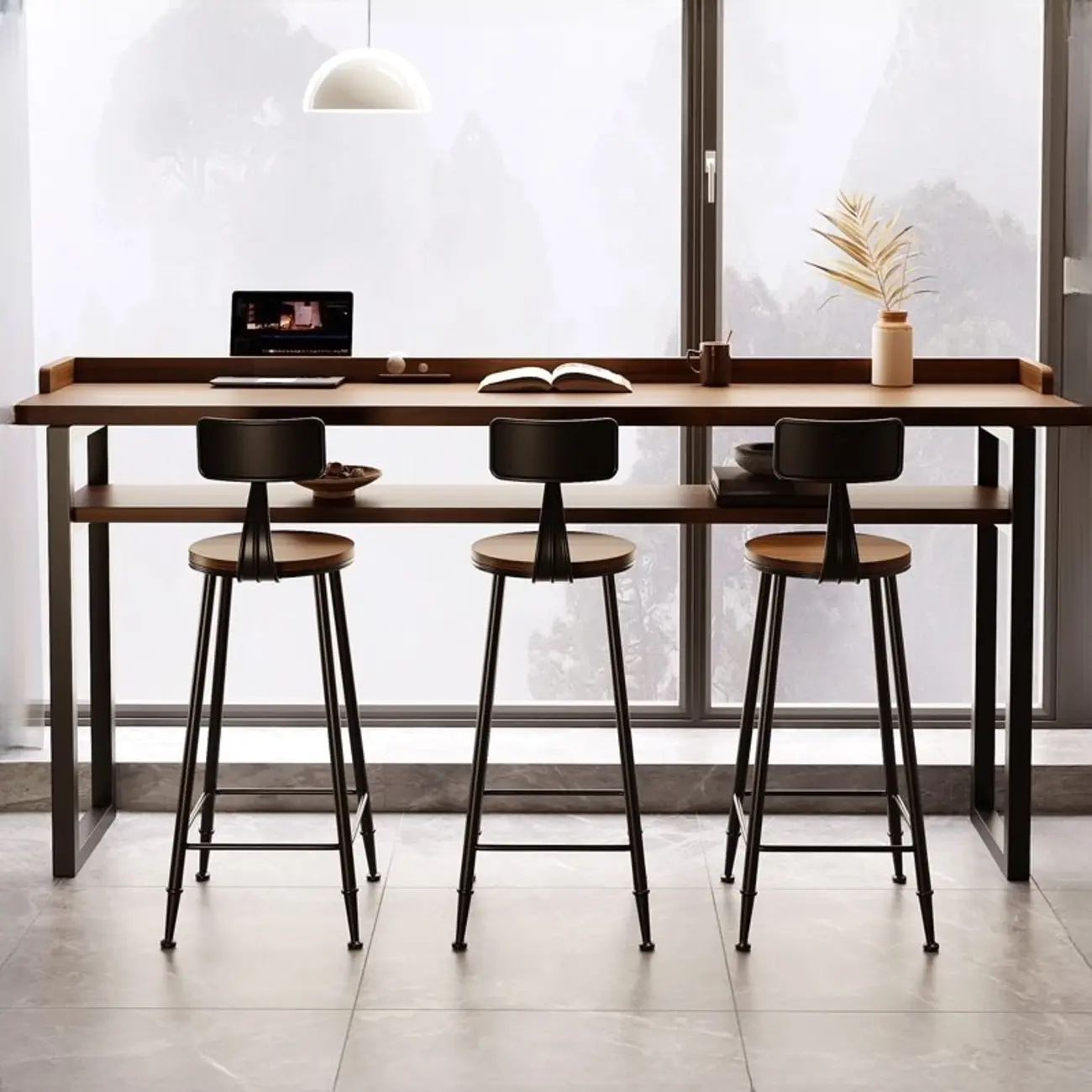 Modern Brown Tray Top Wooden Iron Shelf Bar Tables Image - 5 | homeyfad