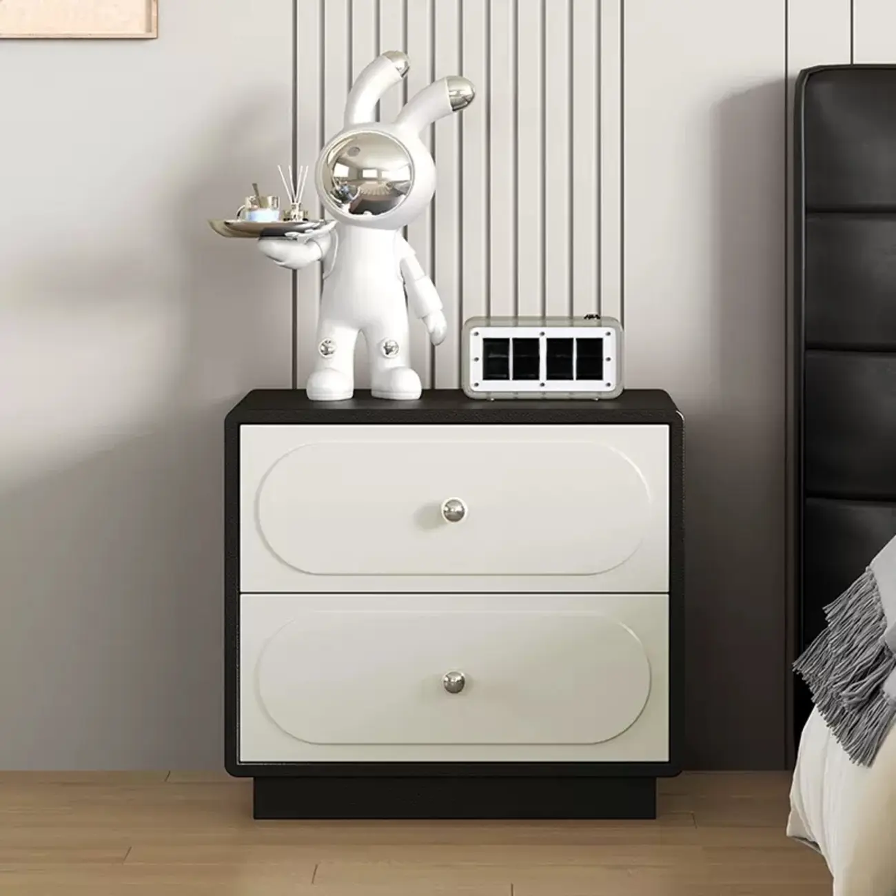 Modern Black White Leather Wood 2-Drawer Nightstand Image - 1 | homeyfad