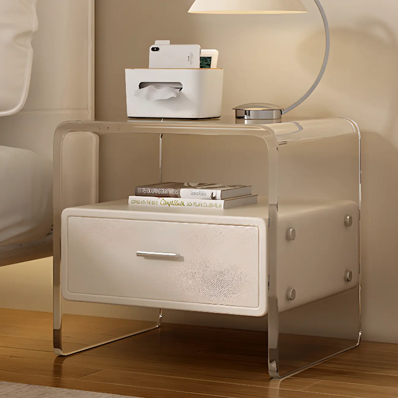 Stylish Off-White Acrylic 2 Tiers Storage Nightstand Image - 1 | homeyfad