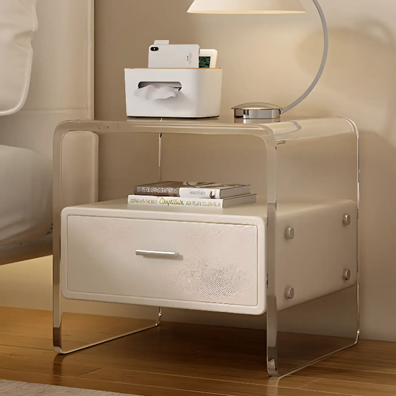 Stylish Off-White Acrylic 2 Tiers Storage Nightstand Image - 1