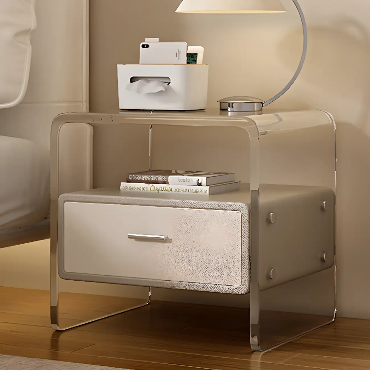 Stylish Off-White Acrylic 2 Tiers Storage Nightstand Image - 2