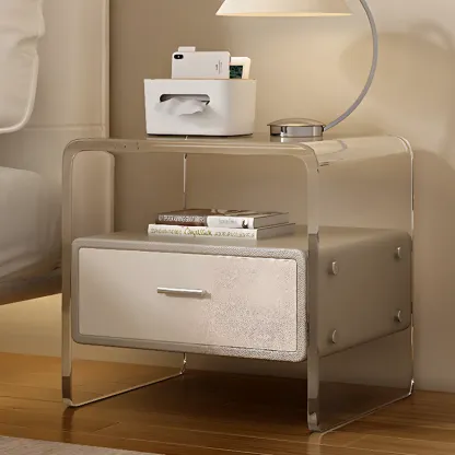 Stylish Off-White Acrylic 2 Tiers Storage Nightstand Image - 2