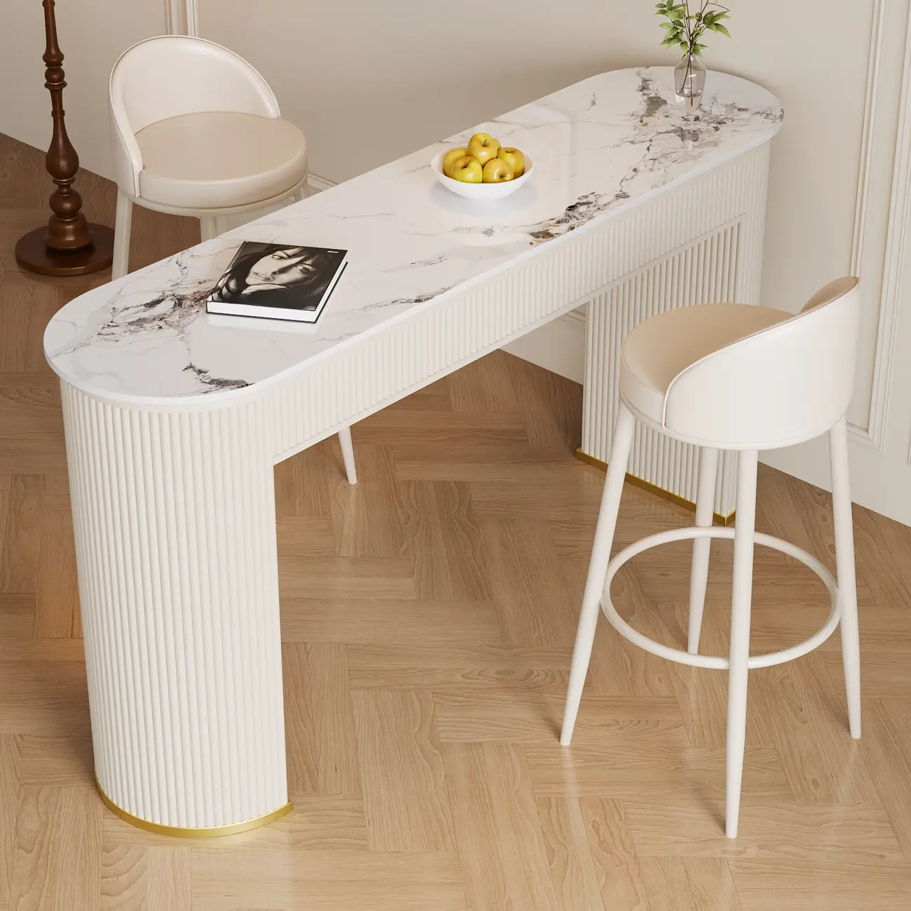Modern White Stone Oblong Ribbed Iron Dual-Base Bar Tables Image - 1 | homeyfad