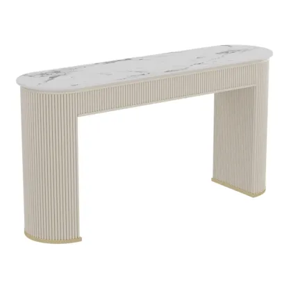 Modern White Stone Oblong Ribbed Iron Dual-Base Bar Tables Image - 2