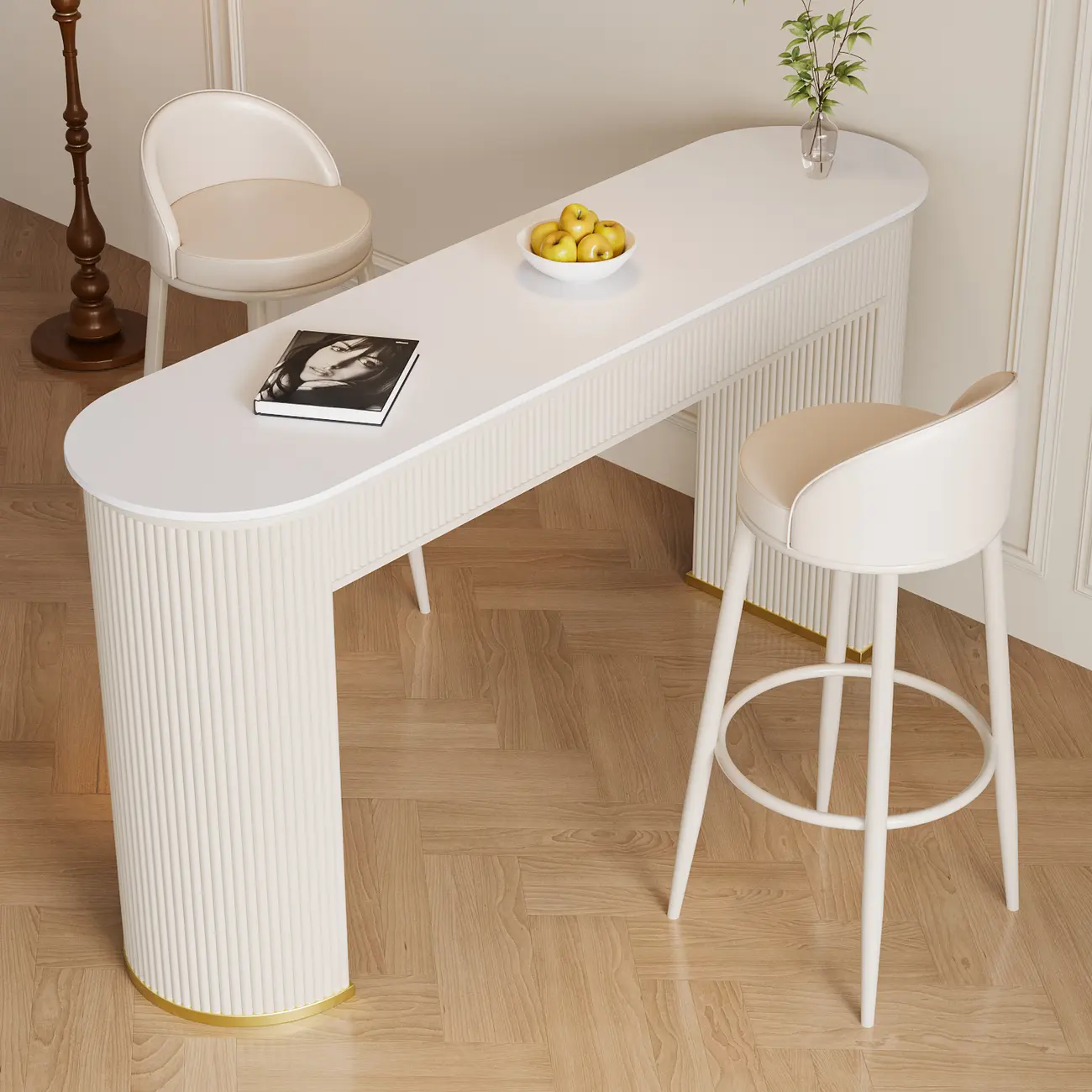 Modern White Stone Oblong Ribbed Iron Dual-Base Bar Tables Image - 4 | homeyfad