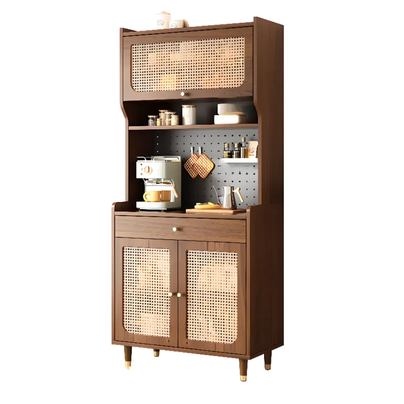 Walnut Wooden Pegboard Organization Sideboard Rattan Doors Image - 12