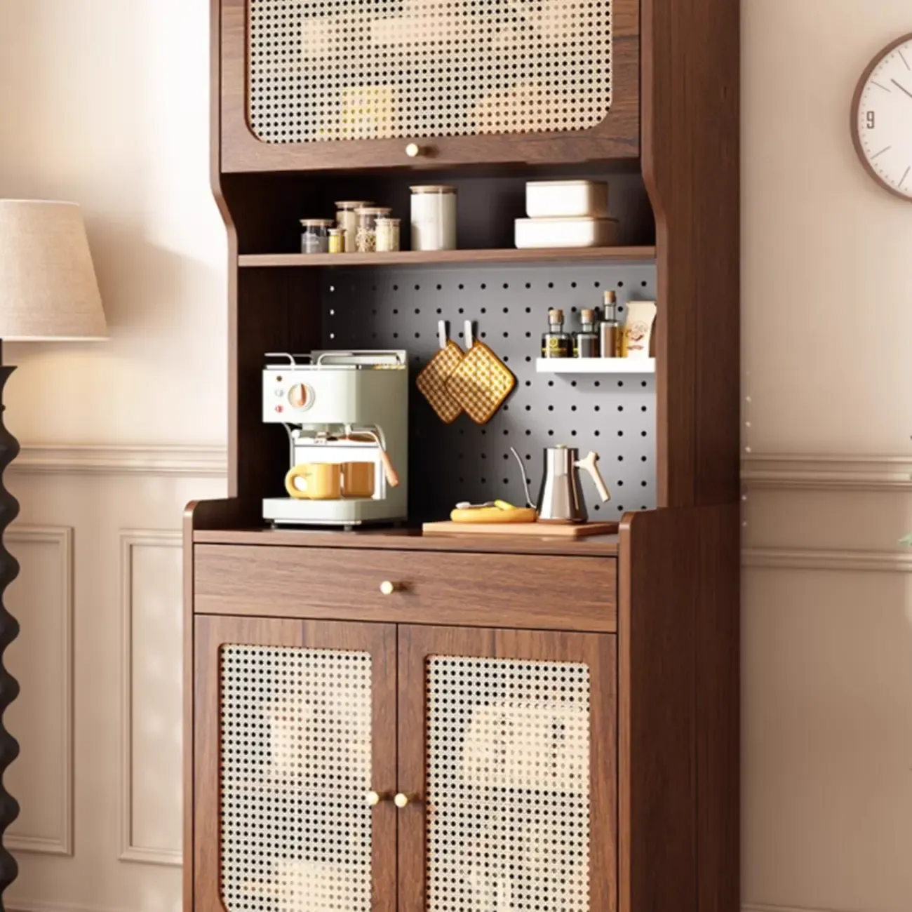 Walnut Wooden Pegboard Organization Sideboard Rattan Doors Image - 5