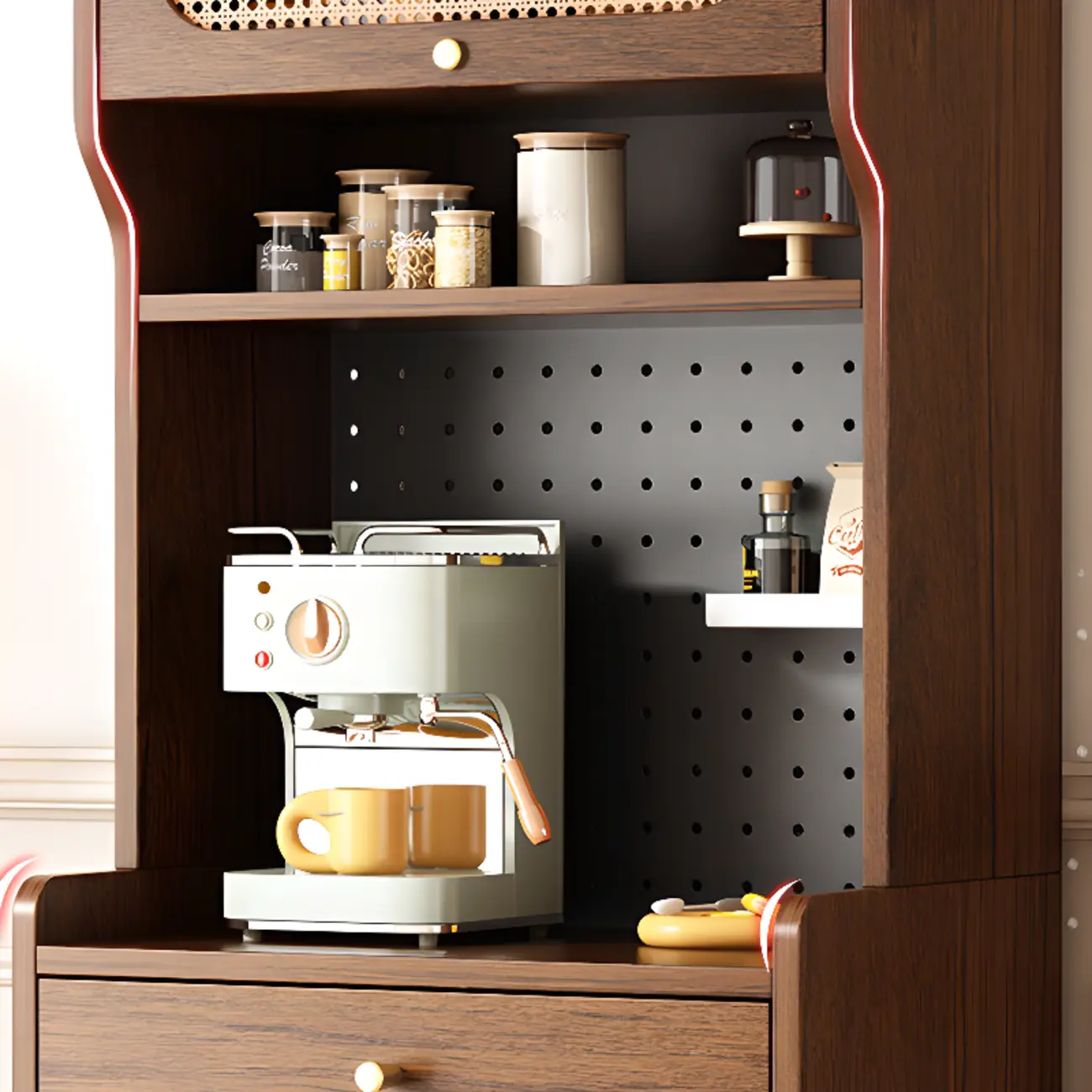 Walnut Wooden Pegboard Organization Sideboard Rattan Doors Image - 7 | homeyfad