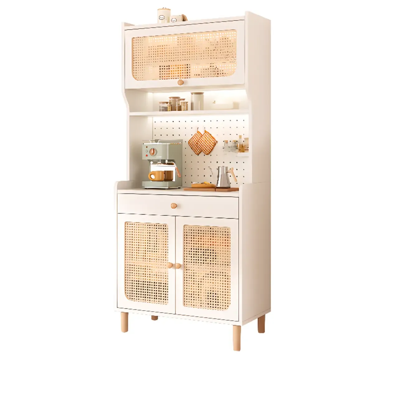 Walnut Wooden Pegboard Organization Sideboard Rattan Doors Image - 16