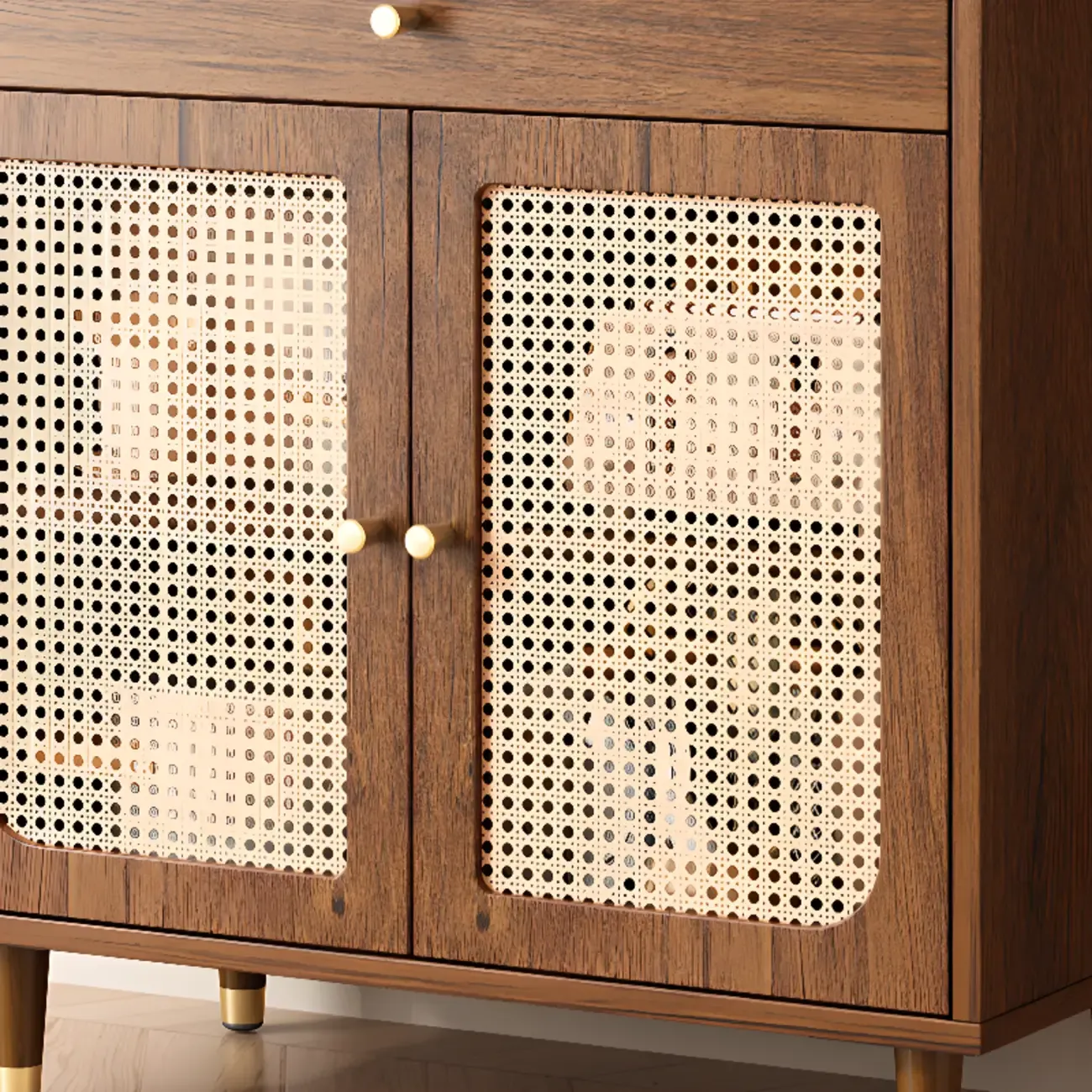 Walnut Wooden Pegboard Organization Sideboard Rattan Doors Image - 8