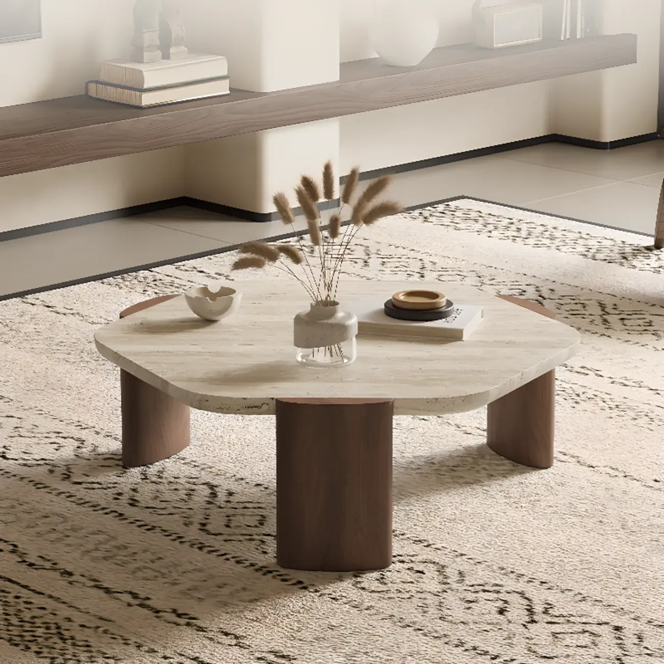 Modern Beige Travertine Top Coffee Table in Hexagon/Round Image - 1