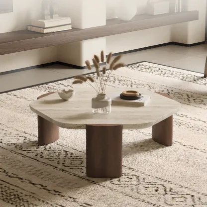 Modern Beige Travertine Top Coffee Table in Hexagon/Round Image - 1