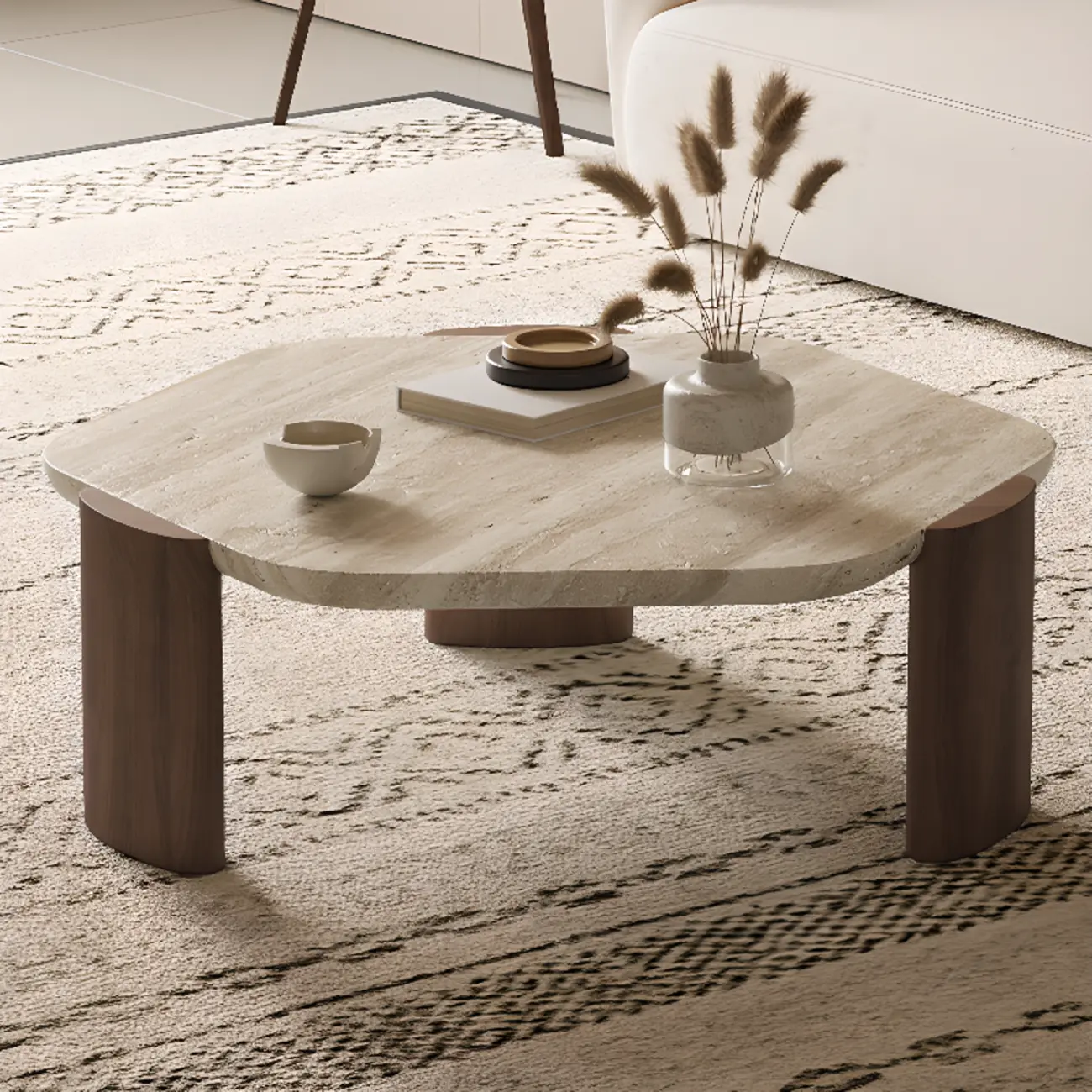 Modern Beige Travertine Top Coffee Table in Hexagon/Round Image - 3 | homeyfad