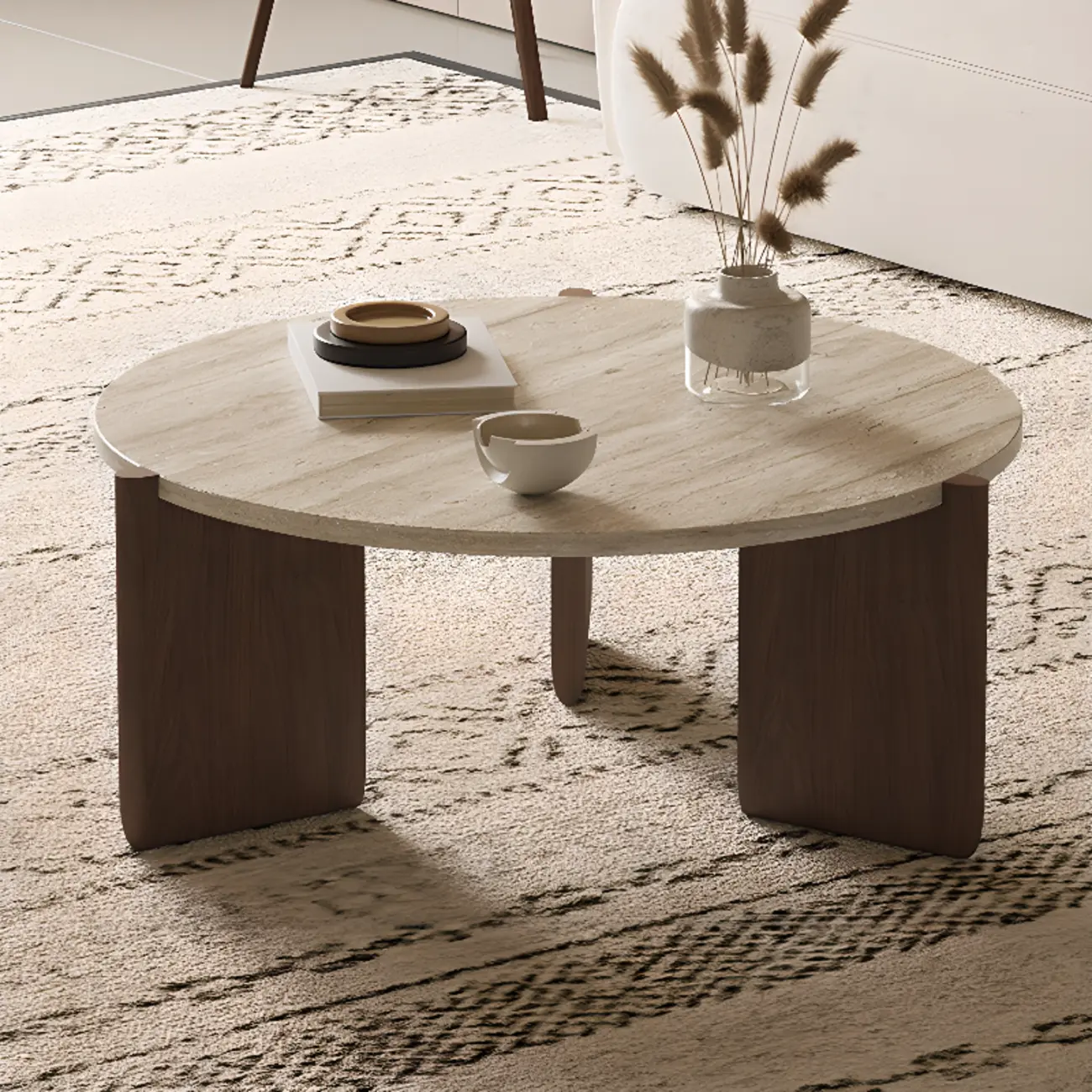 Modern Beige Travertine Top Coffee Table in Hexagon/Round Image - 4 | homeyfad