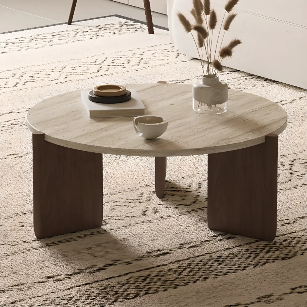 Modern Beige Travertine Top Coffee Table in Hexagon/Round Image - 4