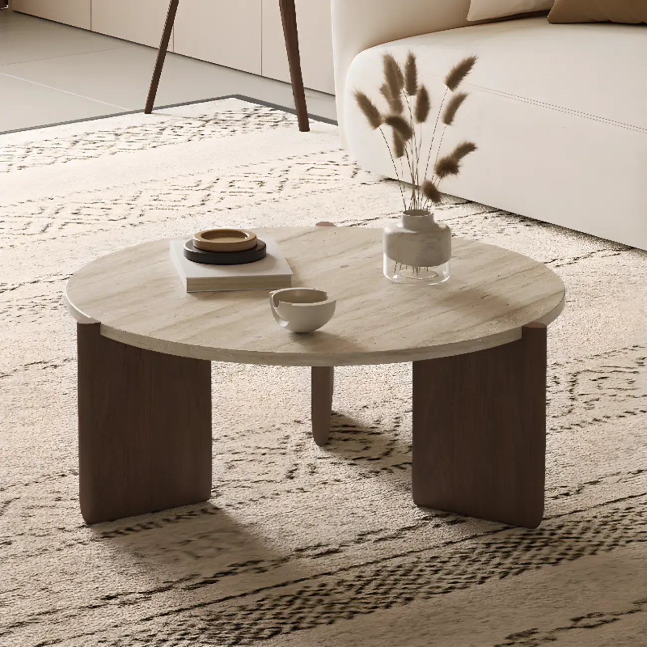 Modern Beige Travertine Top Coffee Table in Hexagon/Round Image - 5
