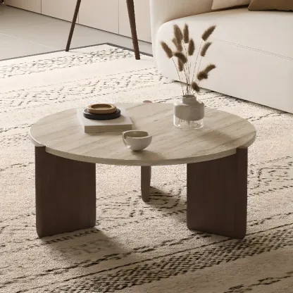 Modern Beige Travertine Top Coffee Table in Hexagon/Round Image - 5