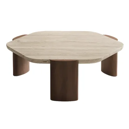 Modern Beige Travertine Top Coffee Table in Hexagon/Round Image - 9