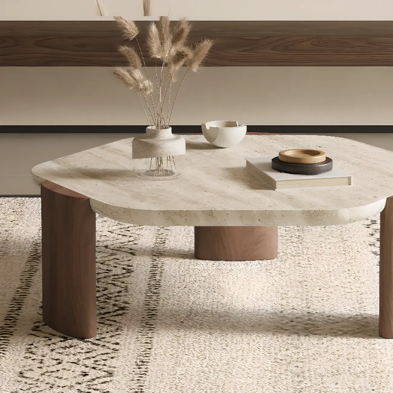 Modern Beige Travertine Top Coffee Table in Hexagon/Round Image - 7