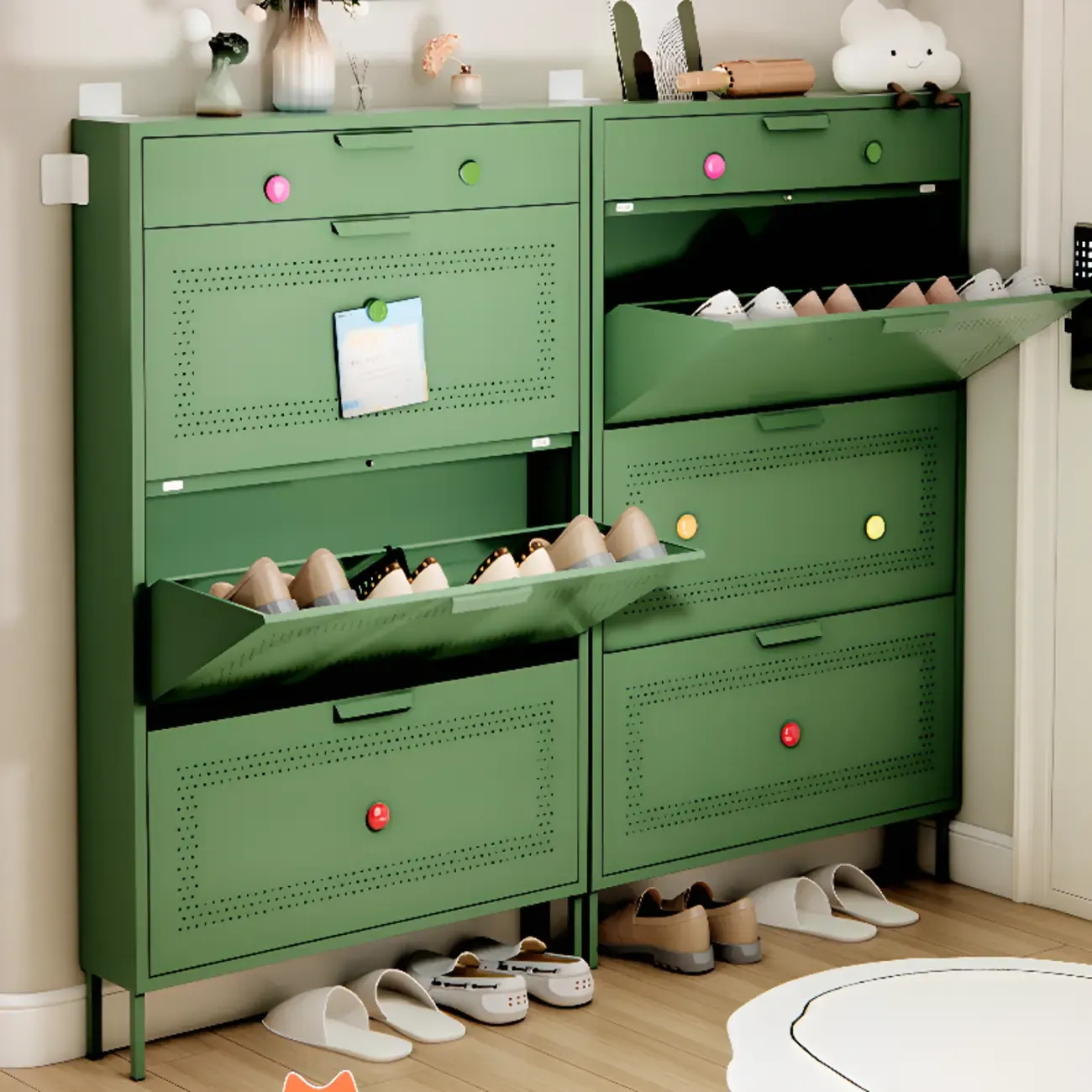 Wall Mounted Modern Flip Down Metal Shoe Storage Cabinet Image - 2