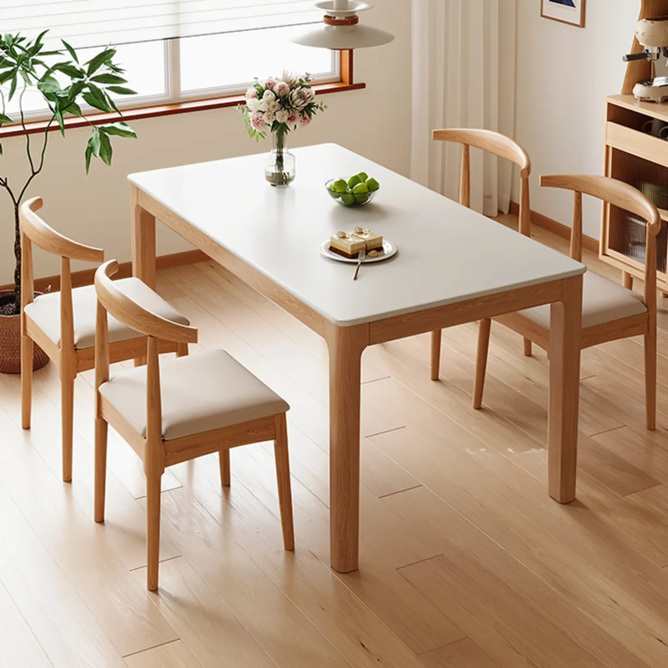 Modern Rectangle White Stone Natural Wood Legs Dining Table Image - 1 | homeyfad