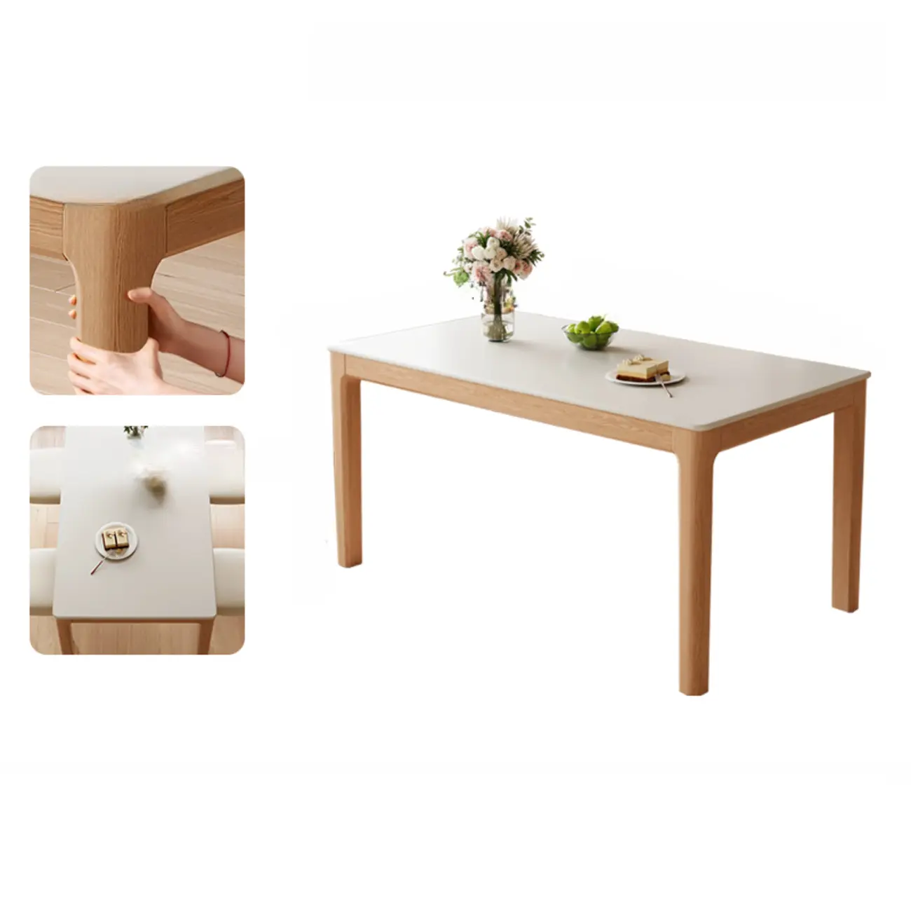 Modern Rectangle White Stone Natural Wood Legs Dining Table Image - 2 | homeyfad