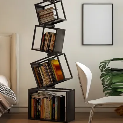 Art Deco Geometric Tall Black Metal Etagere Open Bookcase Image - 1