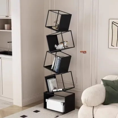 Art Deco Geometric Tall Black Metal Etagere Open Bookcase Image - 2