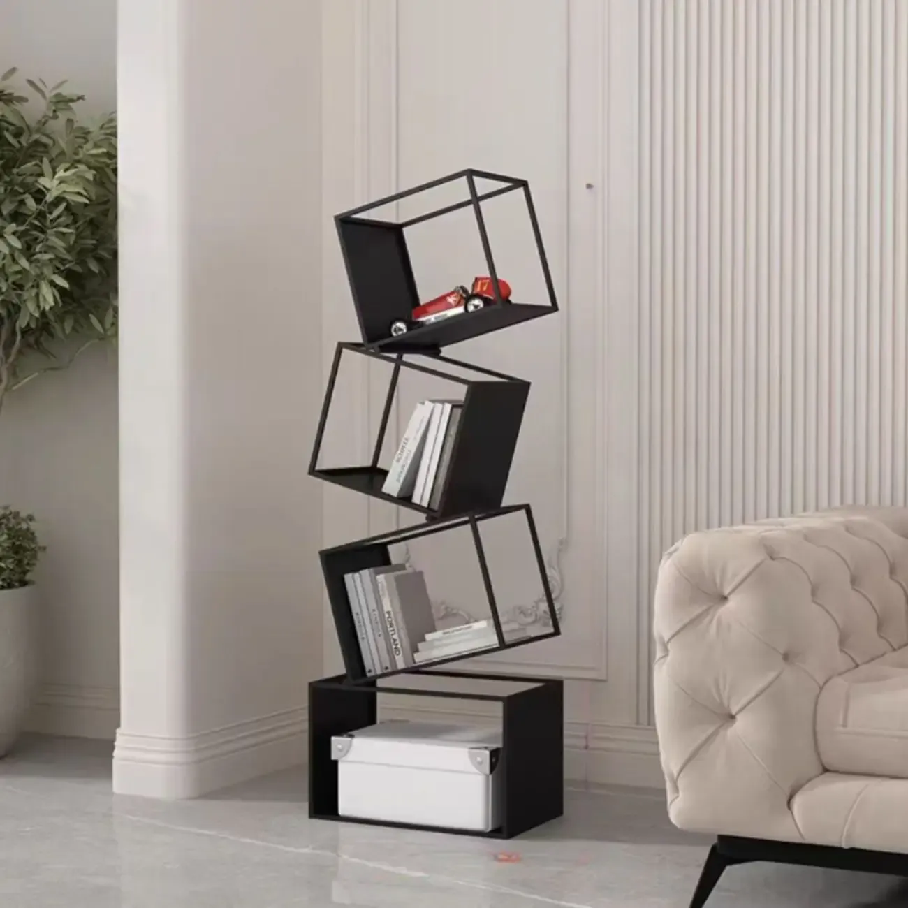 Art Deco Geometric Tall Black Metal Etagere Open Bookcase Image - 3