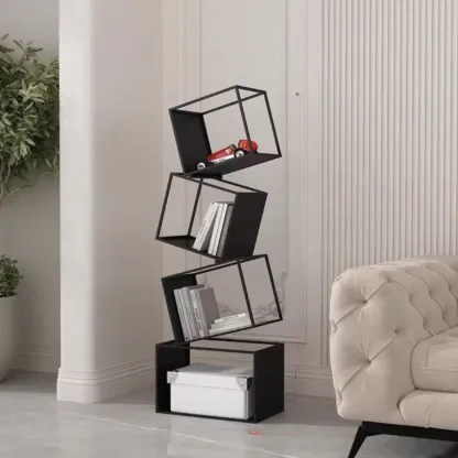 Art Deco Geometric Tall Black Metal Etagere Open Bookcase Image - 3