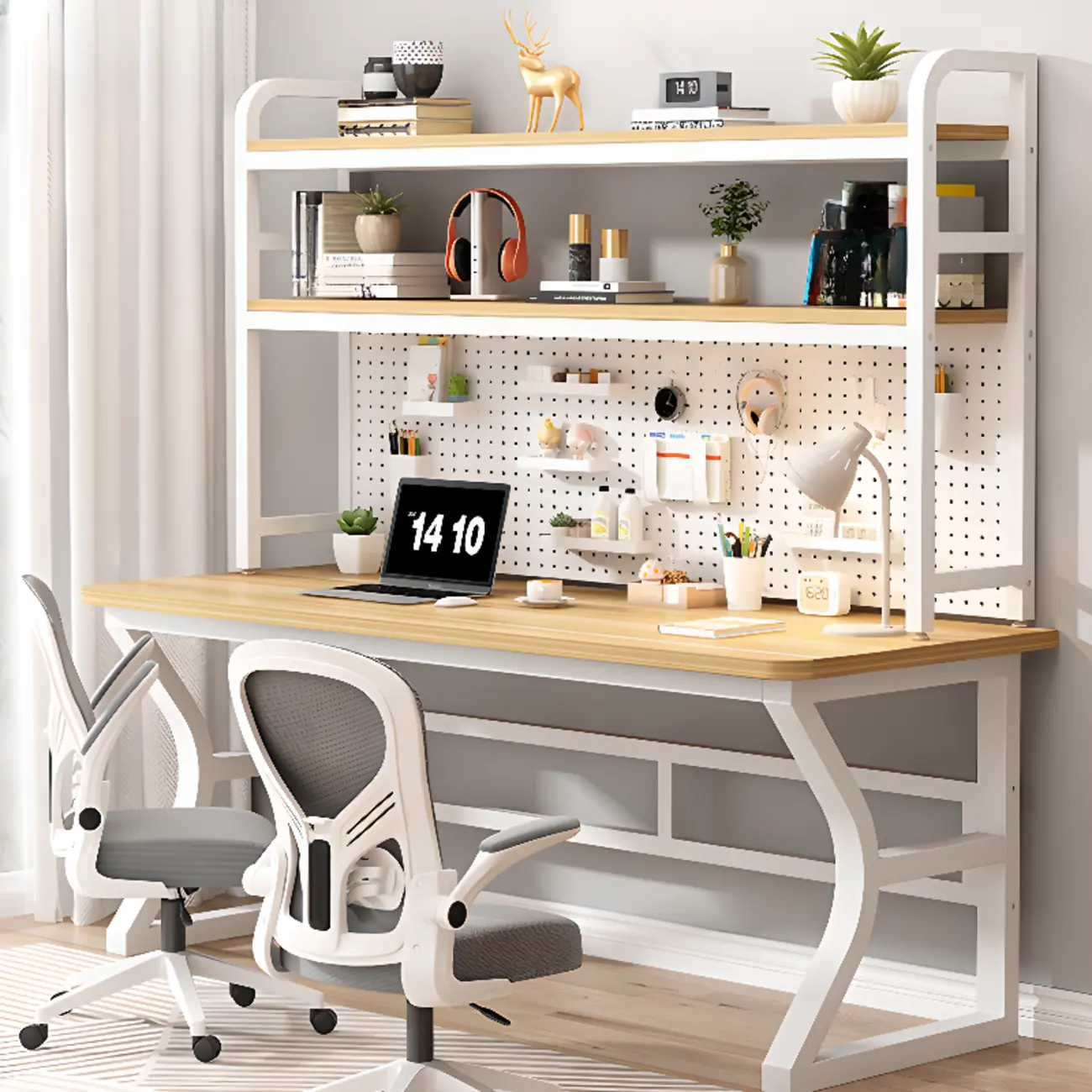 120x60 White Wooden Metal Shelved Office Desk Image - 2 | homeyfad