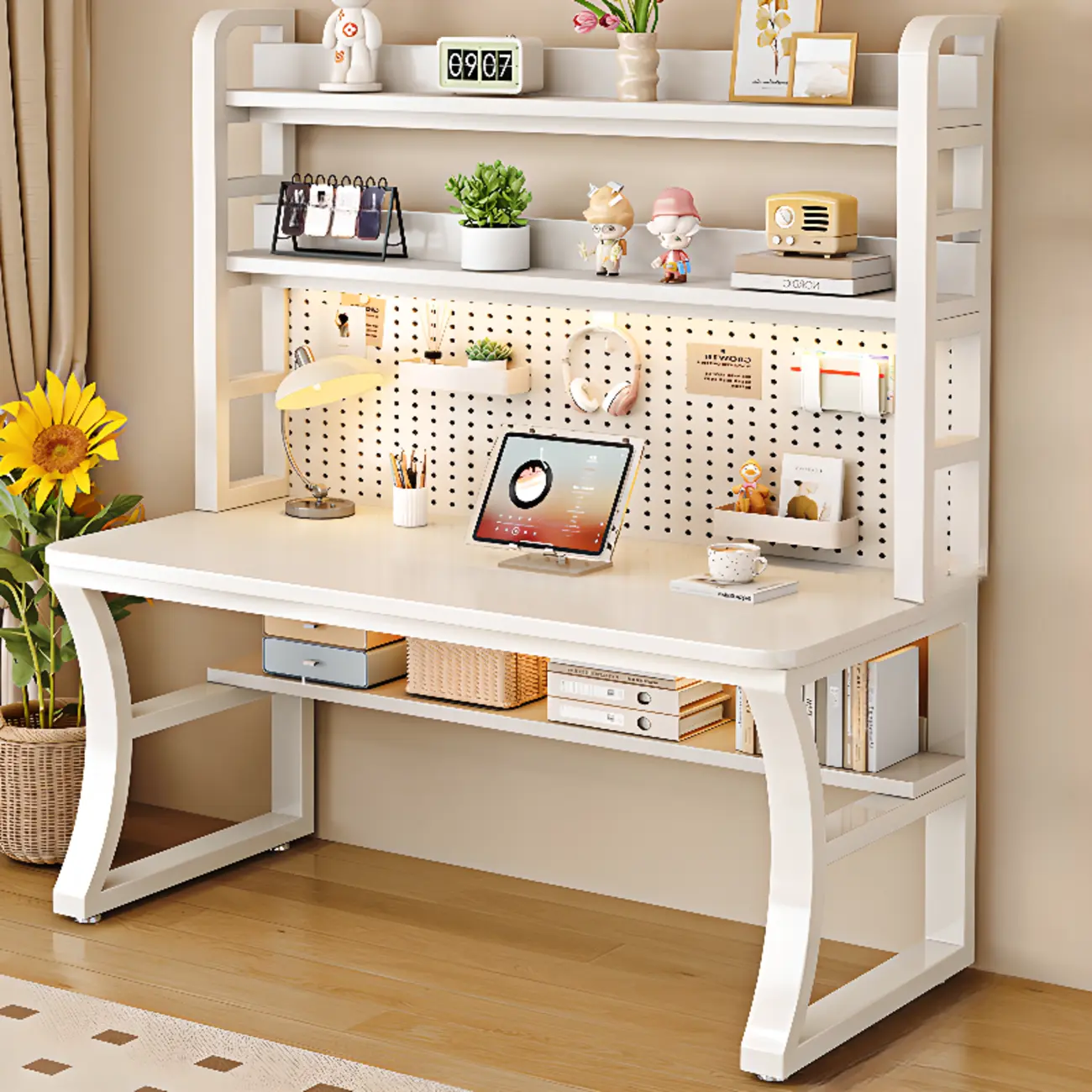 63"L White Wooden Metal Shelved Office Desk Image - 1 | homeyfad