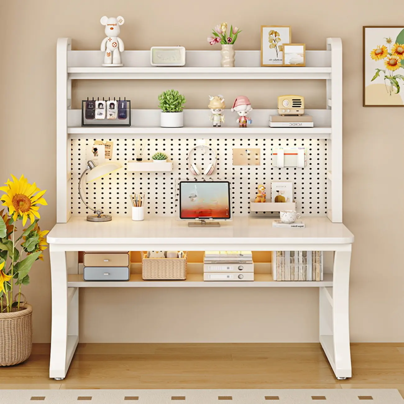 63"L White Wooden Metal Shelved Office Desk Image - 2 | homeyfad