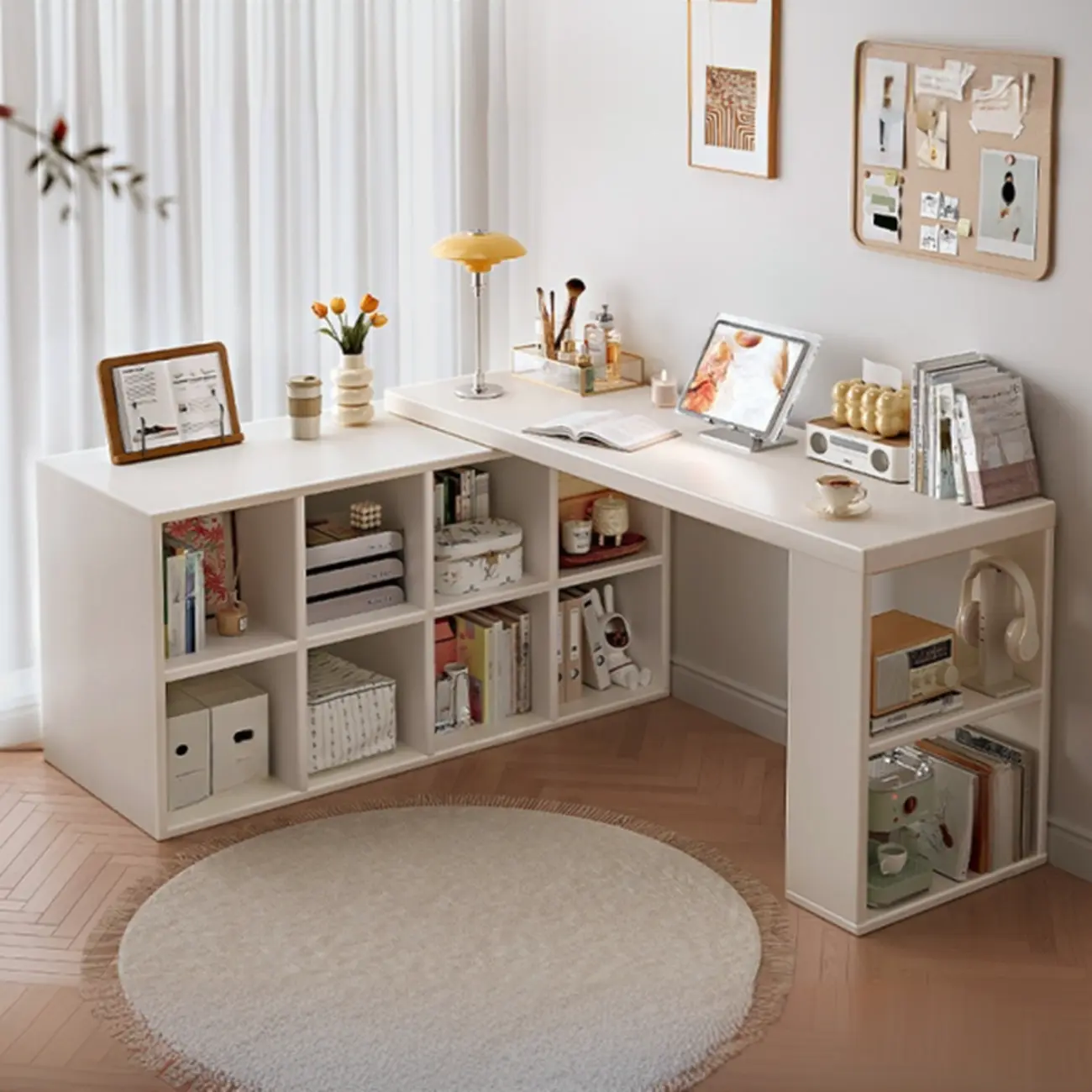 Chalk L-Shape Lumber Home Office Desk with External Shelves Image - 1 | homeyfad