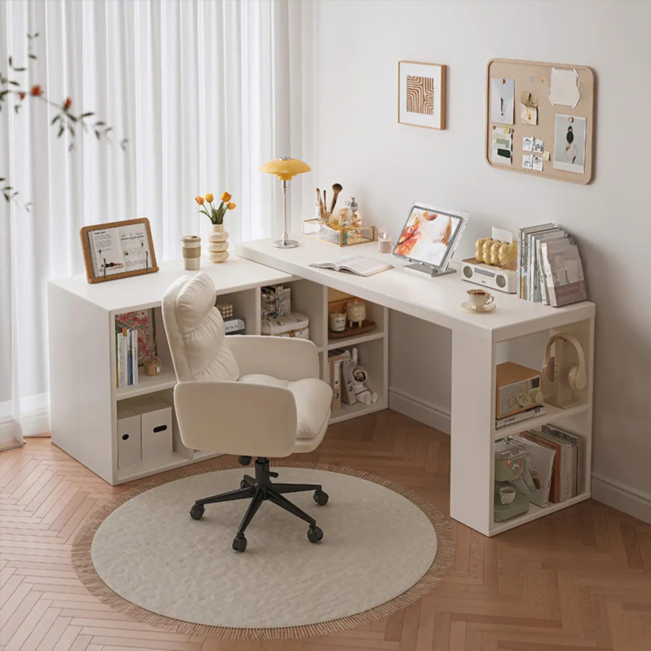 Chalk L-Shape Lumber Home Office Desk with External Shelves Image - 2 | homeyfad
