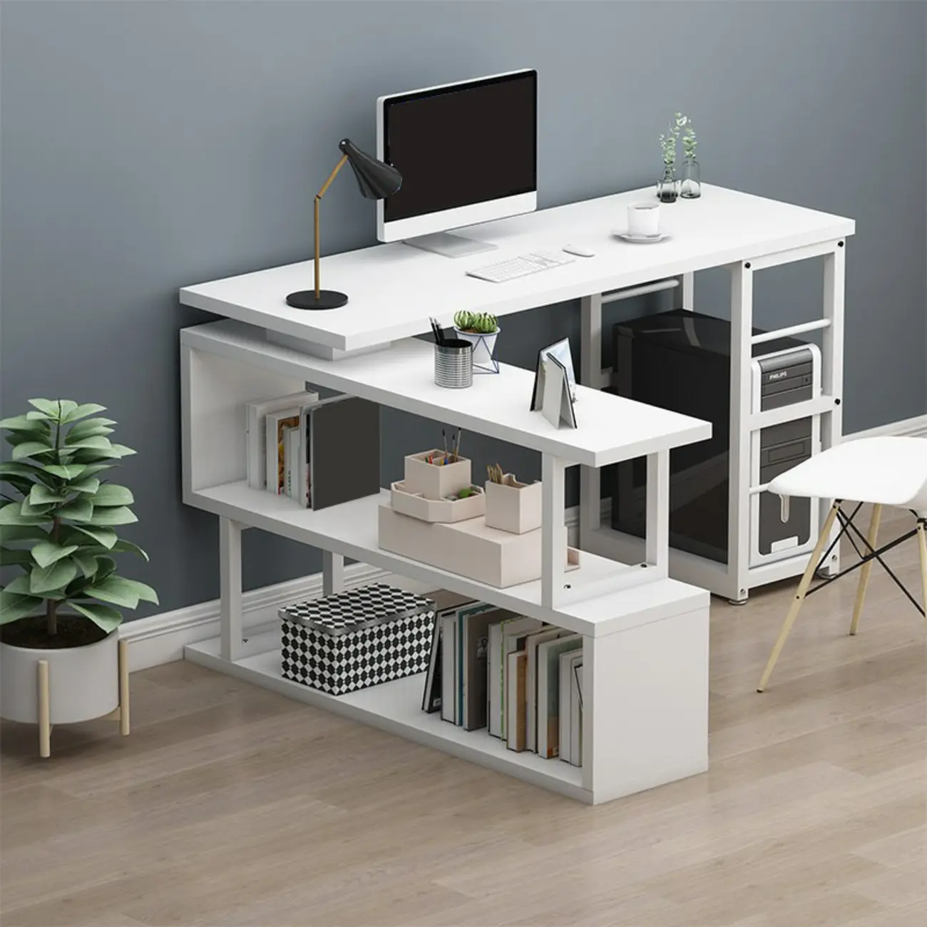 L-Shape Modern Red-Brown Wooden Office Desk Image - 2 | homeyfad