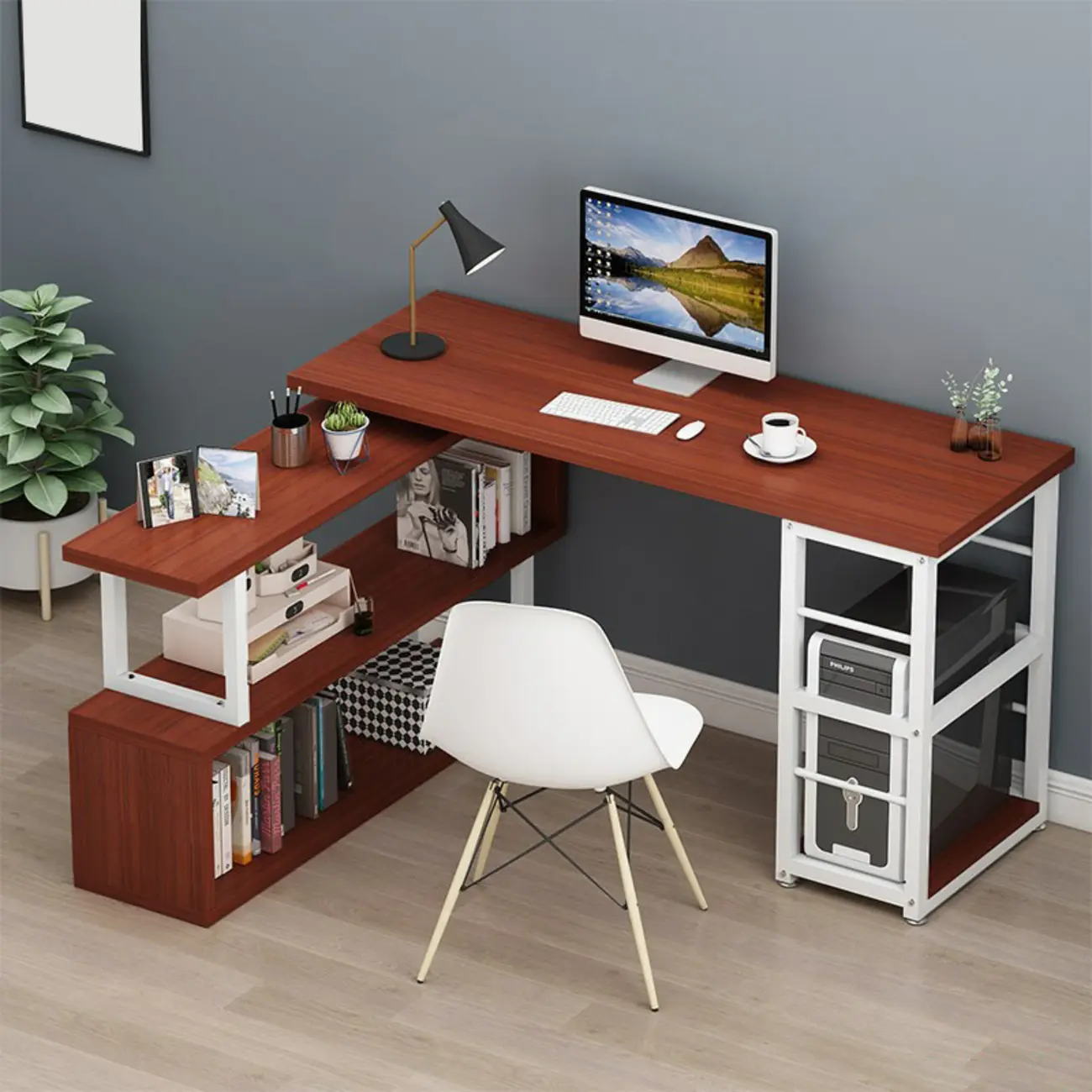 L-Shape Modern Red-Brown Wooden Office Desk Image - 1 | homeyfad