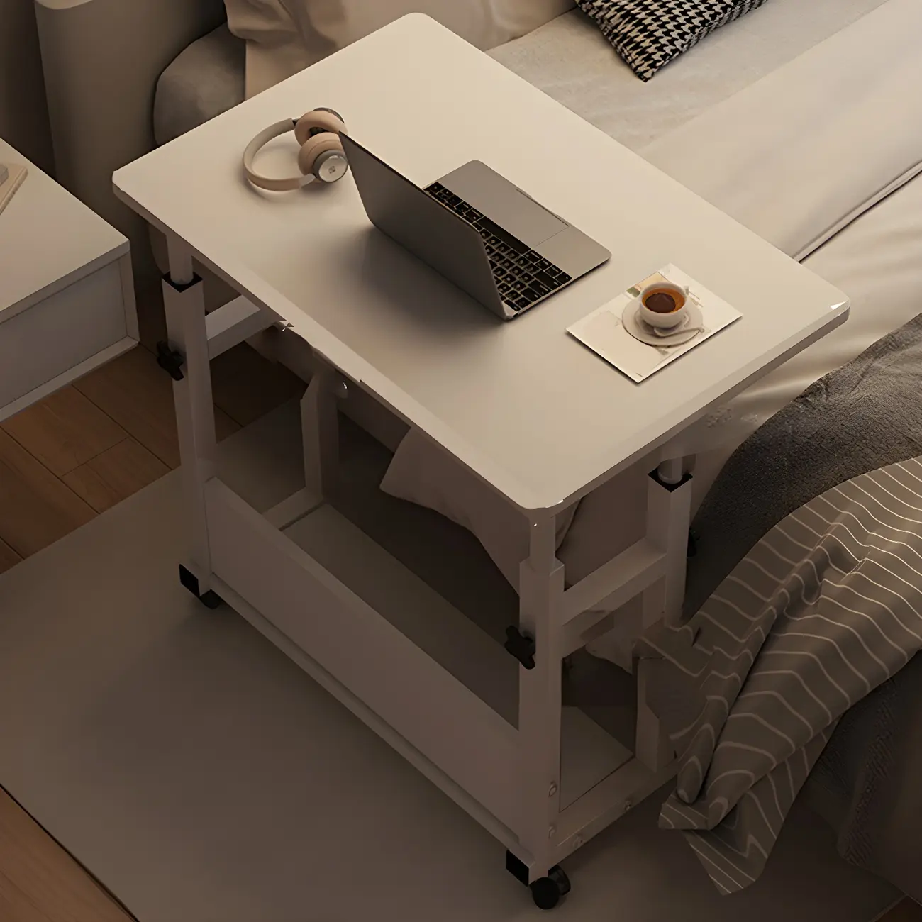 Compact White Wooden Rolling Adjustable Office Desk Image - 1 | homeyfad