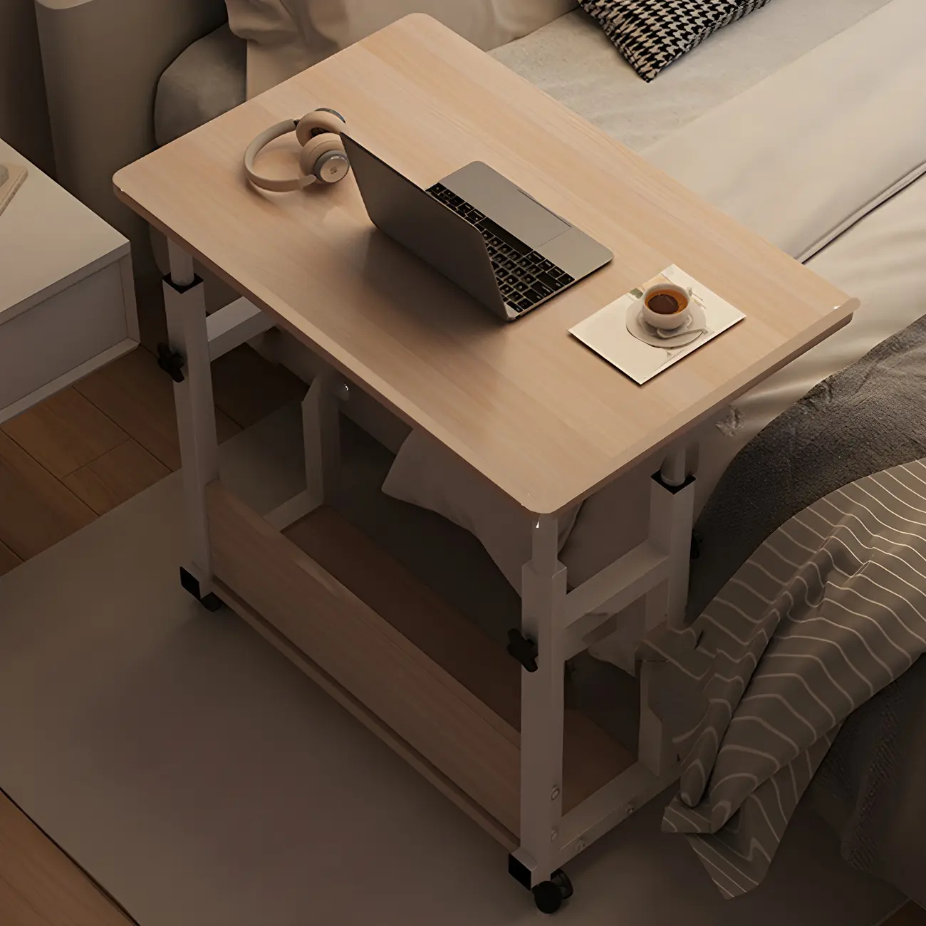 Compact White Wooden Rolling Adjustable Office Desk Image - 2 | homeyfad