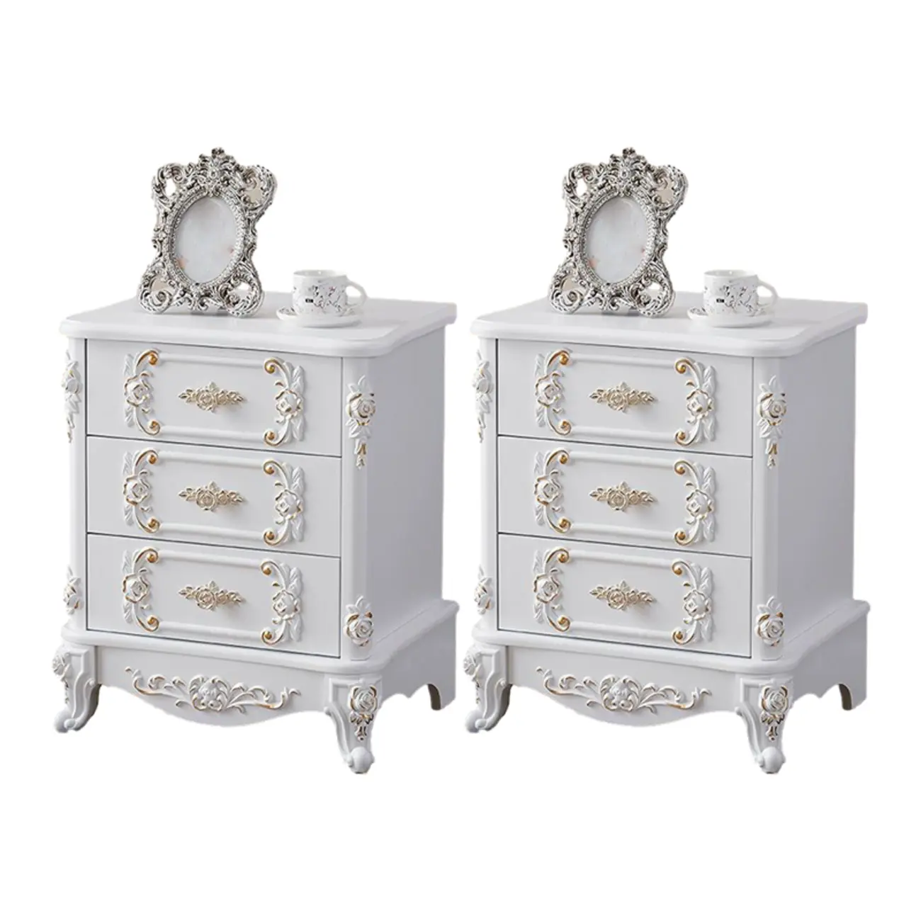 Traditional White Wood Carved 3-Drawer Nightstand Image - 6 | homeyfad