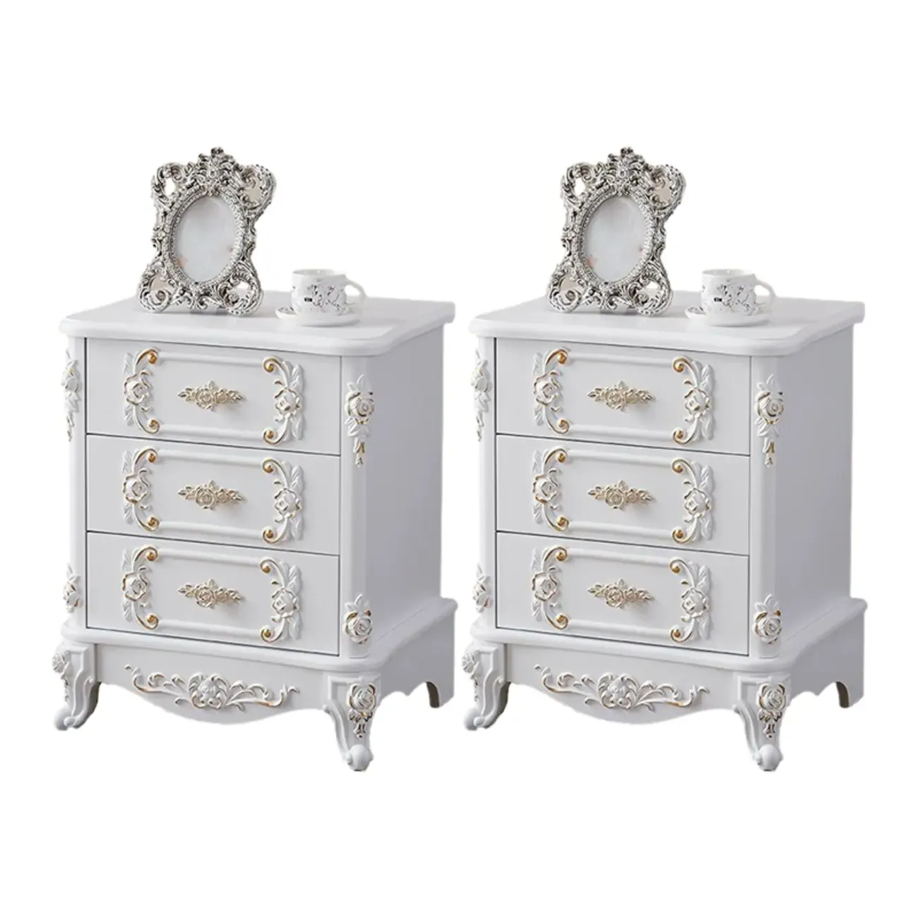 Traditional White Wood Carved 3-Drawer Nightstand Image - 6