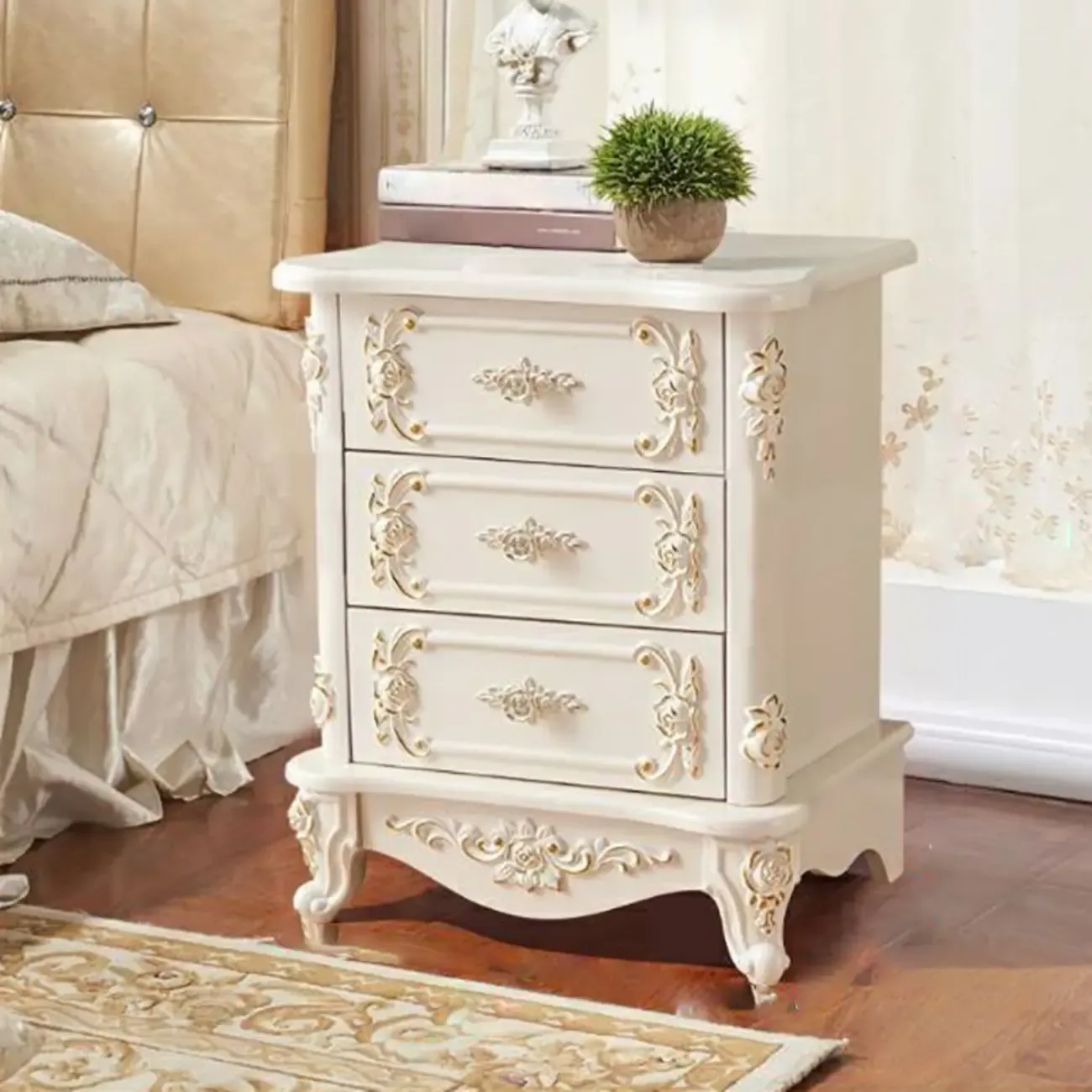 Traditional White Wood Carved 3-Drawer Nightstand Image - 5