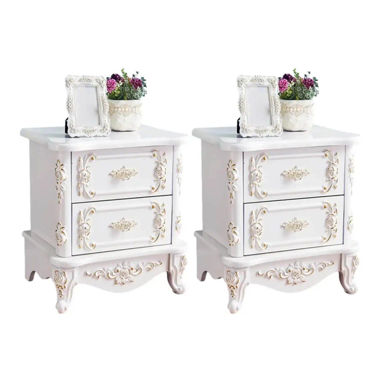 Traditional White Wood Carved 3-Drawer Nightstand Image - 7