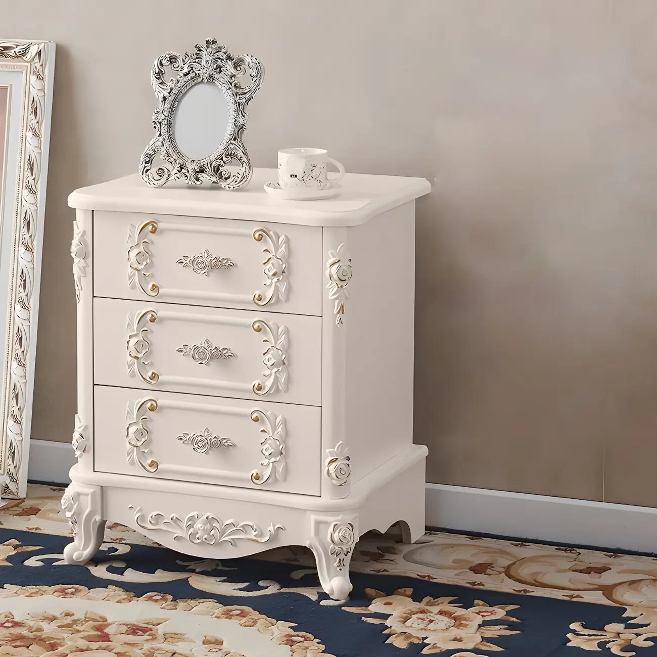 Traditional White Wood Carved 3-Drawer Nightstand Image - 4 | homeyfad